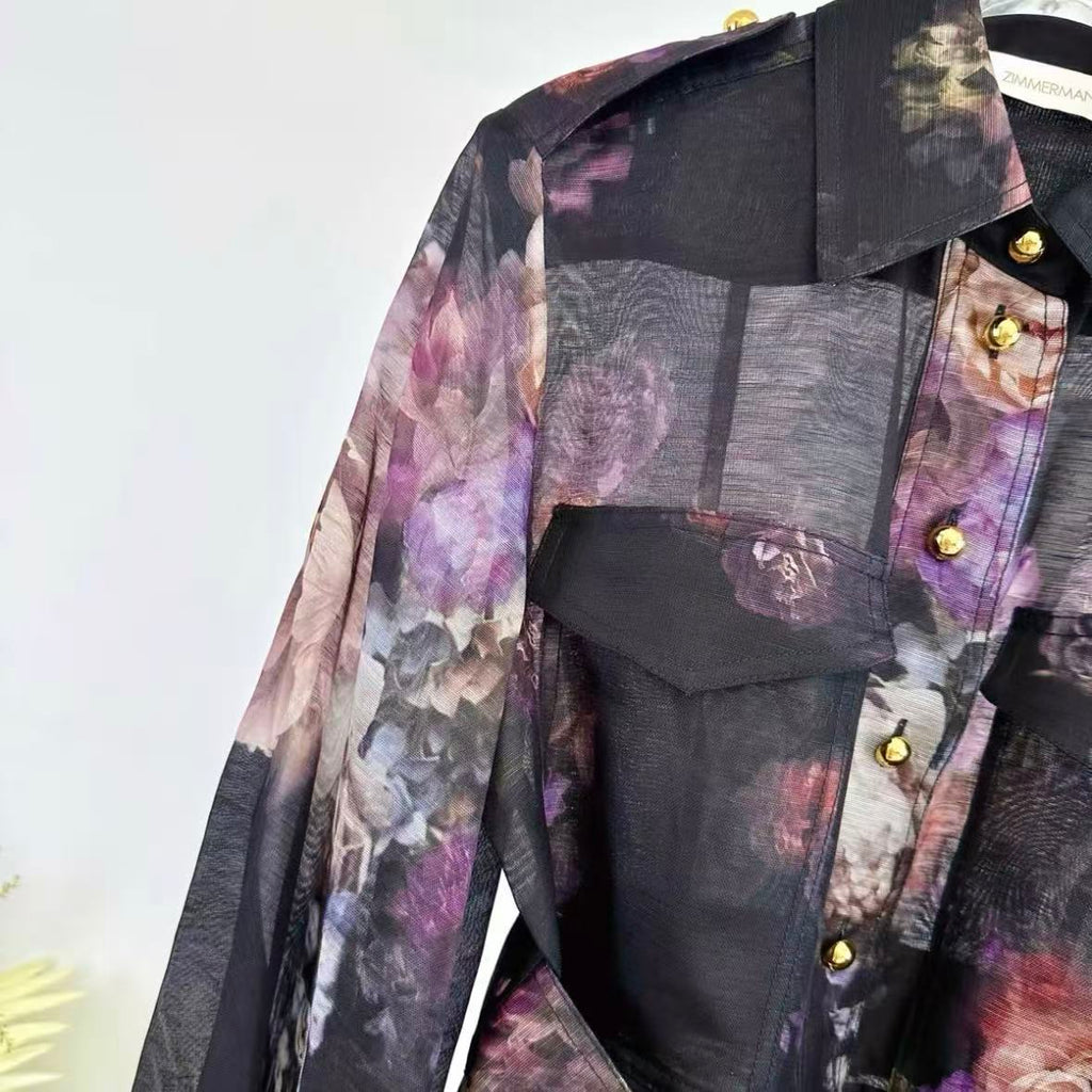 Black Floral Trench Coat Dress Set