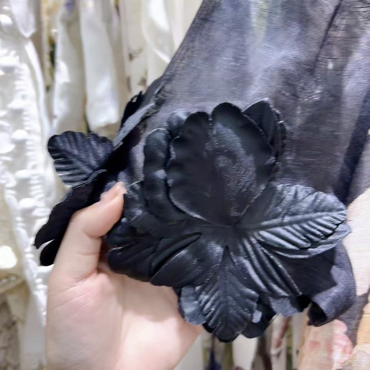 Black Floral Print Maxi Dress with Puff Sleeves | Formal Gown with 3D Floral Appliqués and Ruffled Sleeves