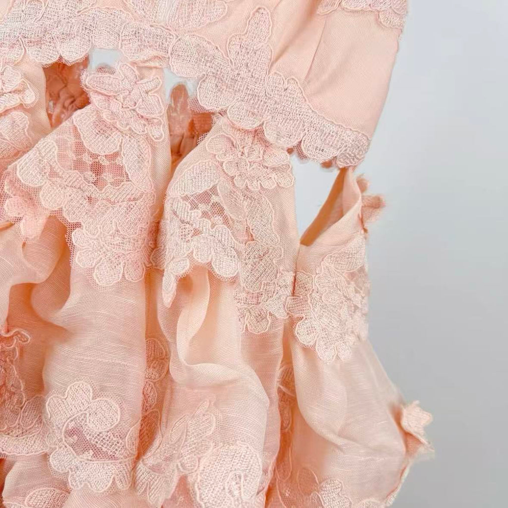 Pale Pink Tiered Lace Mini Dress | Spaghetti Strap, Cutout, Ruffled Summer Dress