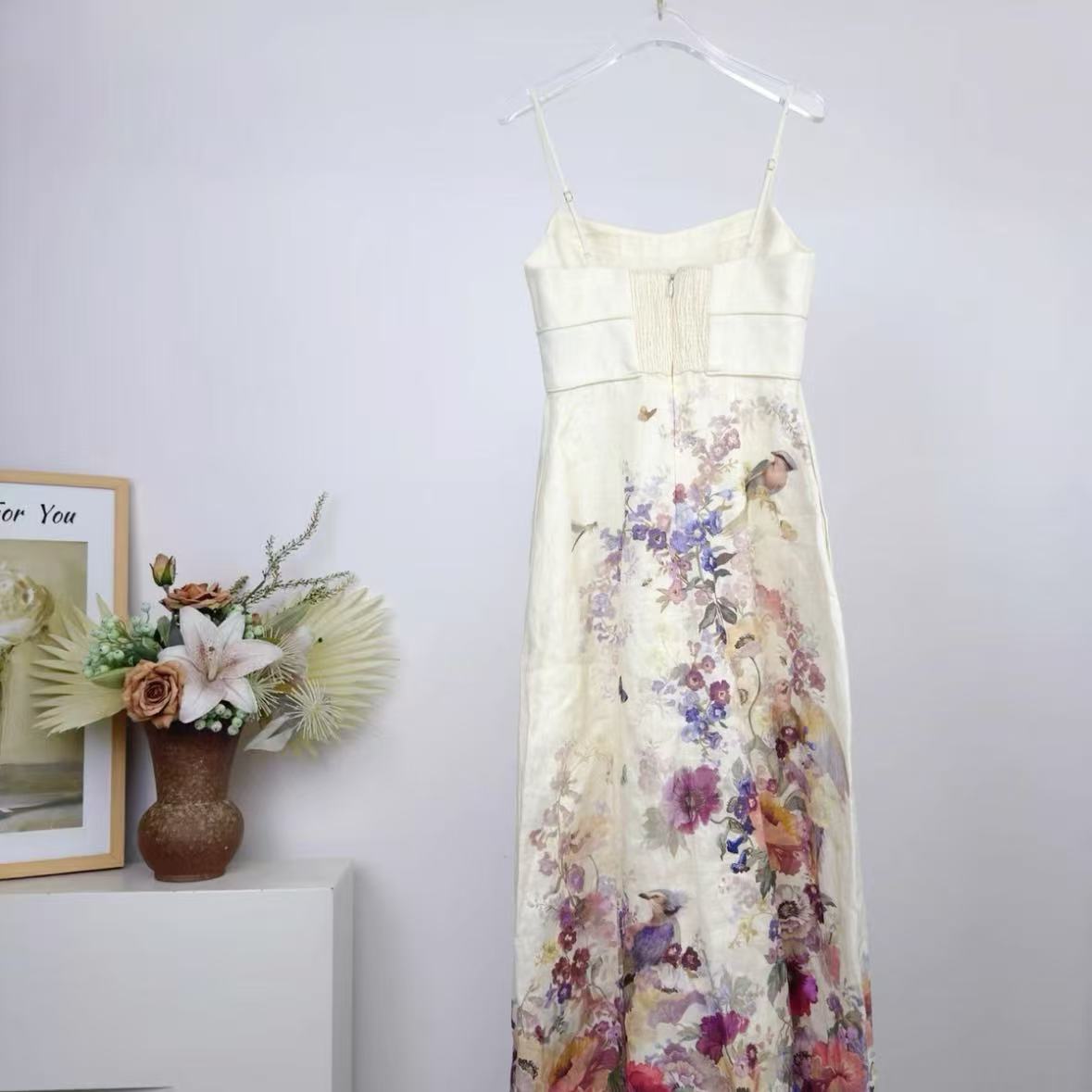 Off-White Floral & Flying Bird Print Spaghetti-Strap Maxi Dress | Sweetheart Neckline Summer Dress