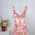 Pale Pink Floral Ruffled Spaghetti-Strap Mini Dress