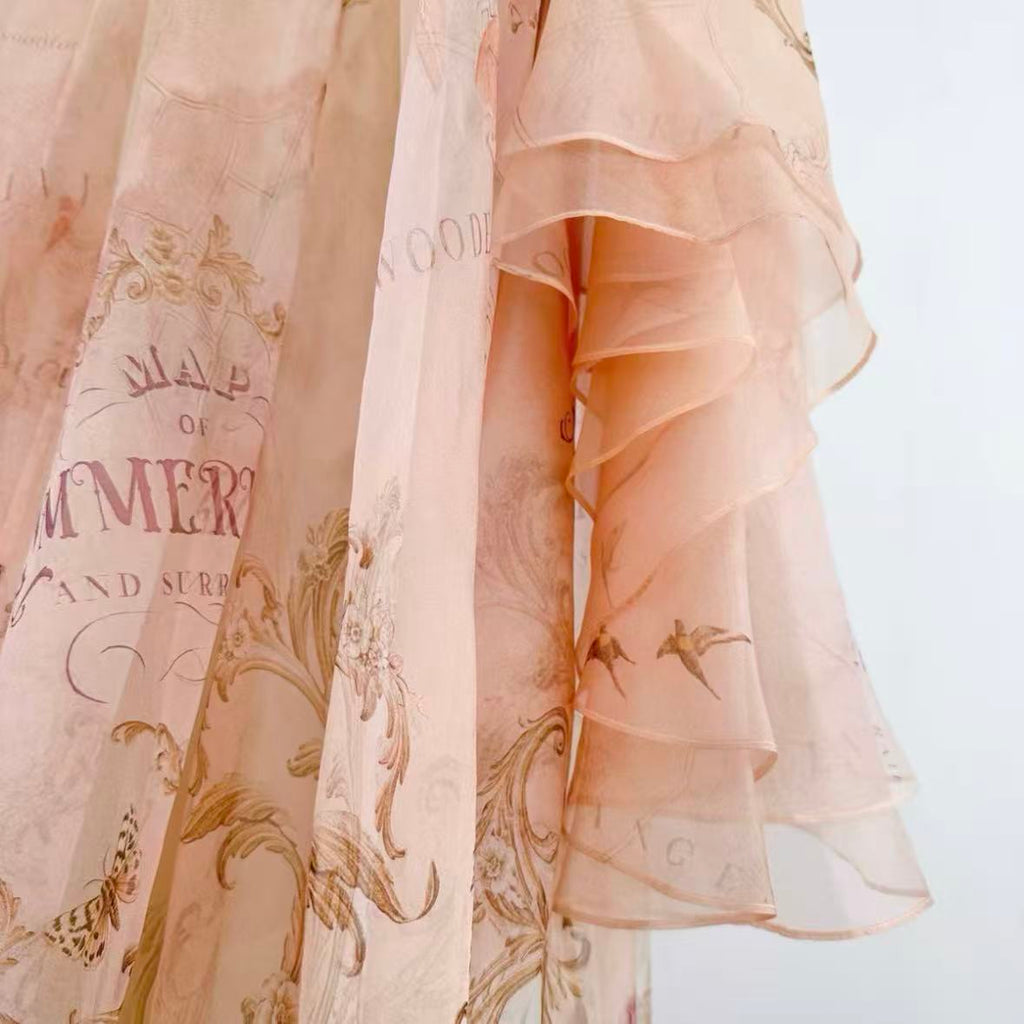 Peach Retro Baroque Print Maxi Dress | Lace Stand-Collar Ruffled-Sleeve Dress
