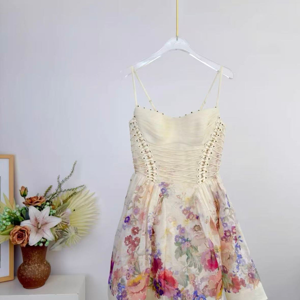 Romantic Off-White Watercolor Floral Mini Dress | Cinch-Waist Lace-Up Dress
