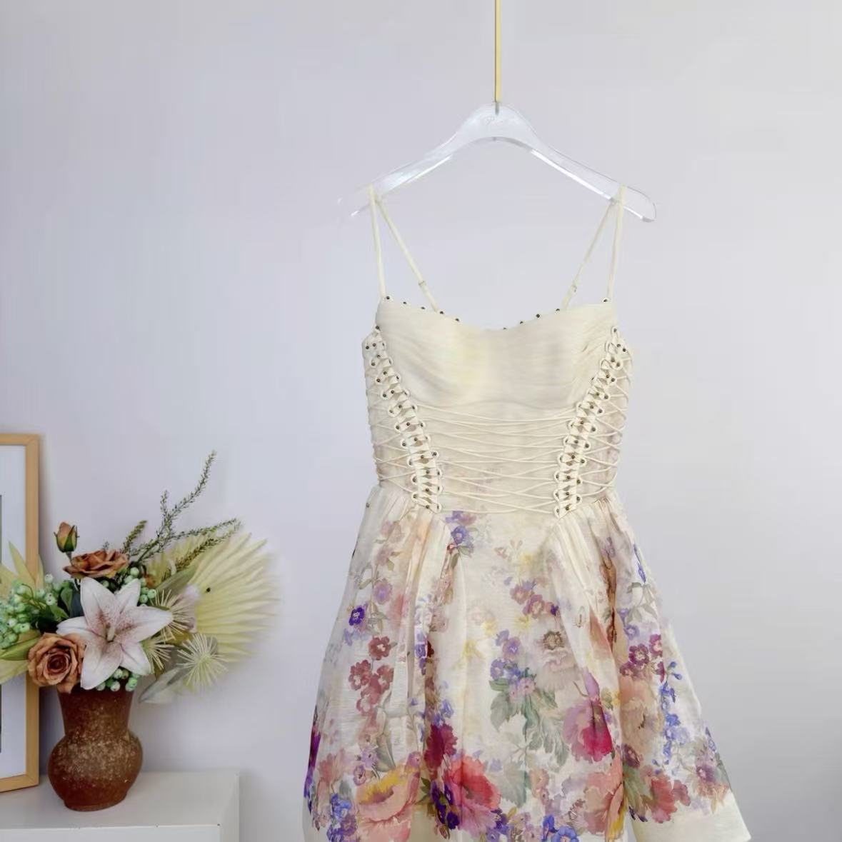 Romantic Off-White Watercolor Floral Mini Dress | Cinch-Waist Lace-Up Dress
