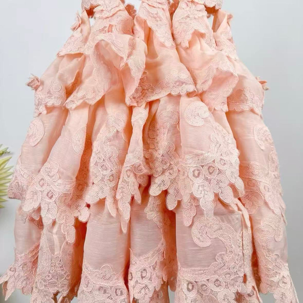Pale Pink Tiered Lace Mini Dress | Spaghetti Strap, Cutout, Ruffled Summer Dress