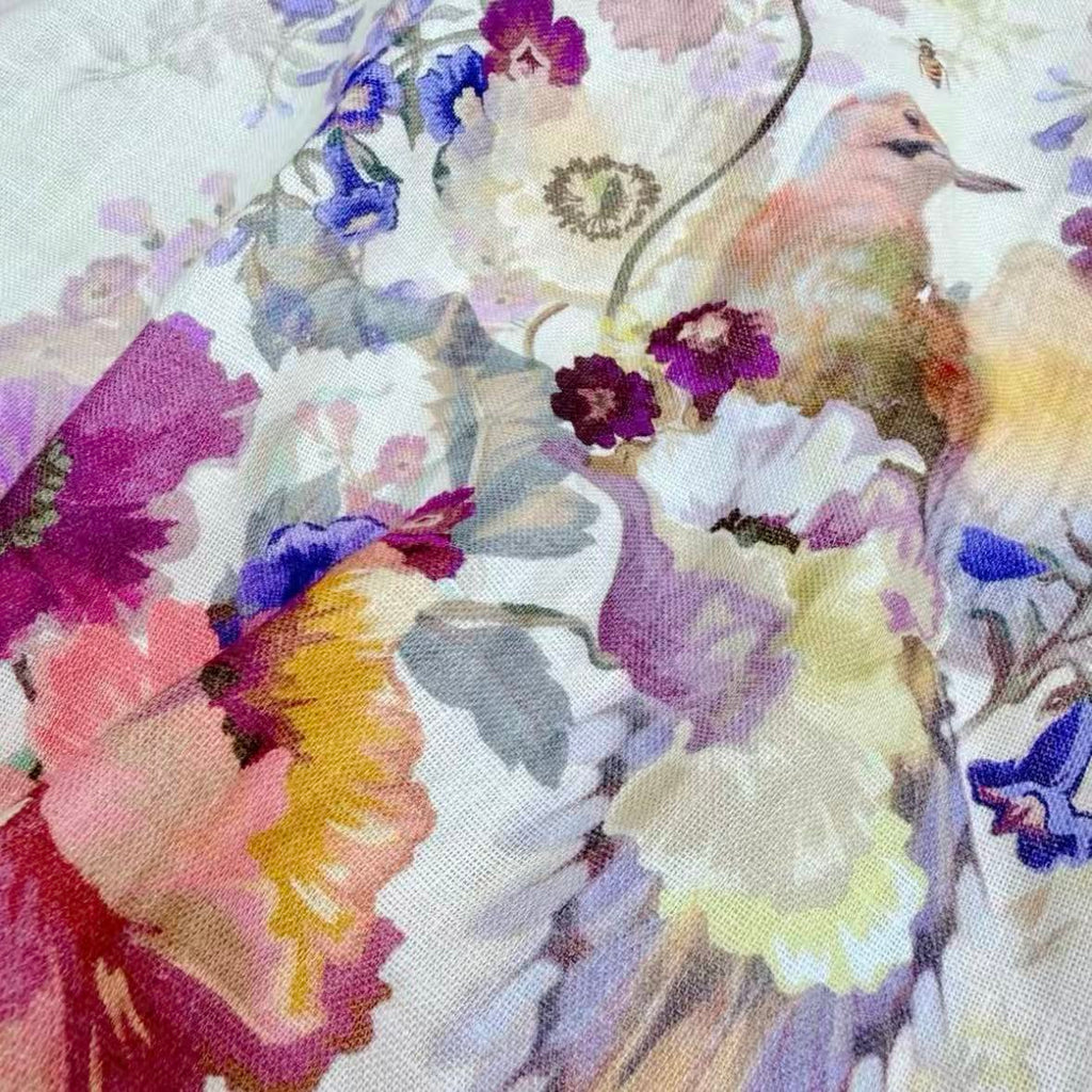 Off-White Floral & Flying Bird Print Spaghetti-Strap Maxi Dress | Sweetheart Neckline Summer Dress