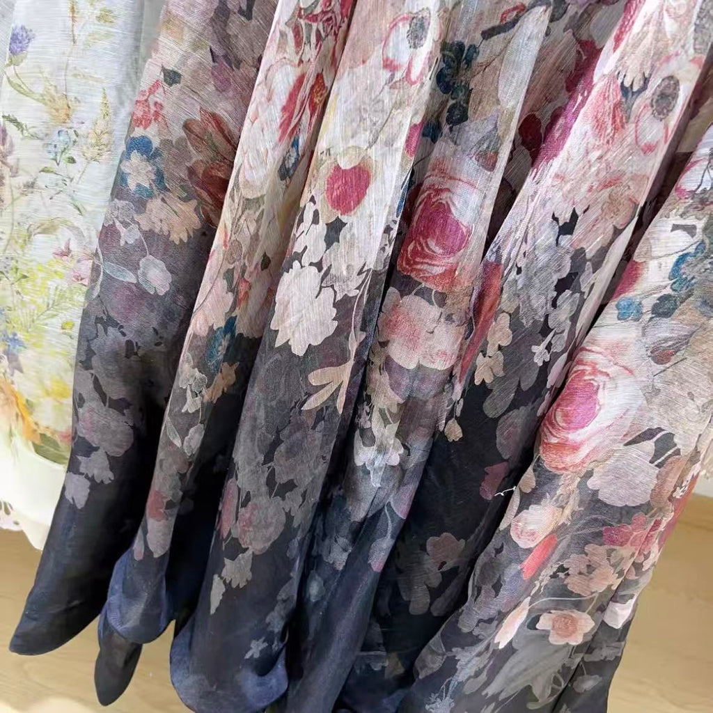 Black Floral Print Maxi Dress with Puff Sleeves | Formal Gown with 3D Floral Appliqués and Ruffled Sleeves