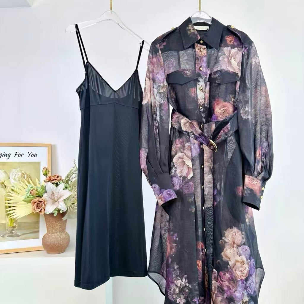 Black Floral Trench Coat Dress Set