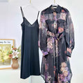 Black Floral Trench Coat Dress Set