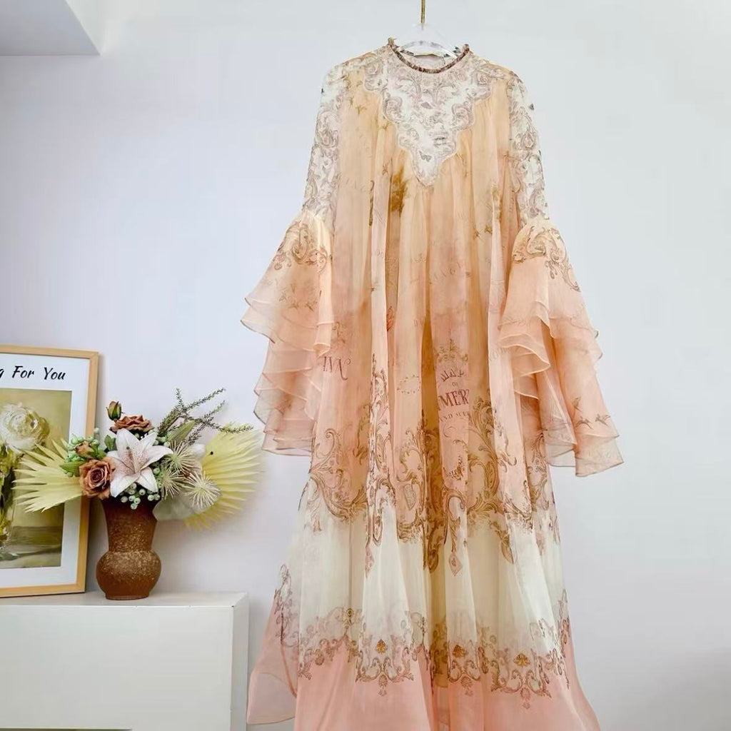 Peach Retro Baroque Print Maxi Dress | Lace Stand-Collar Ruffled-Sleeve Dress