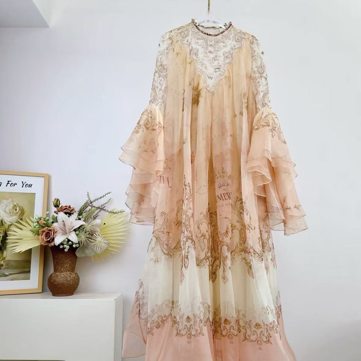 Peach Retro Baroque Print Maxi Dress | Lace Stand-Collar Ruffled-Sleeve Dress