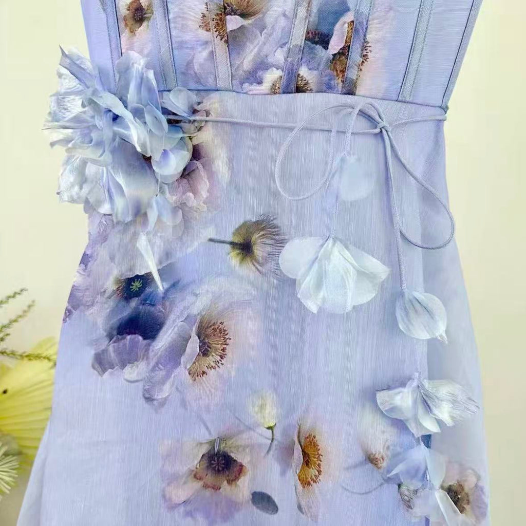 Lilac Floral Spaghetti-Strap Maxi Dress | 3D Floral Appliqué Bodycon Dress