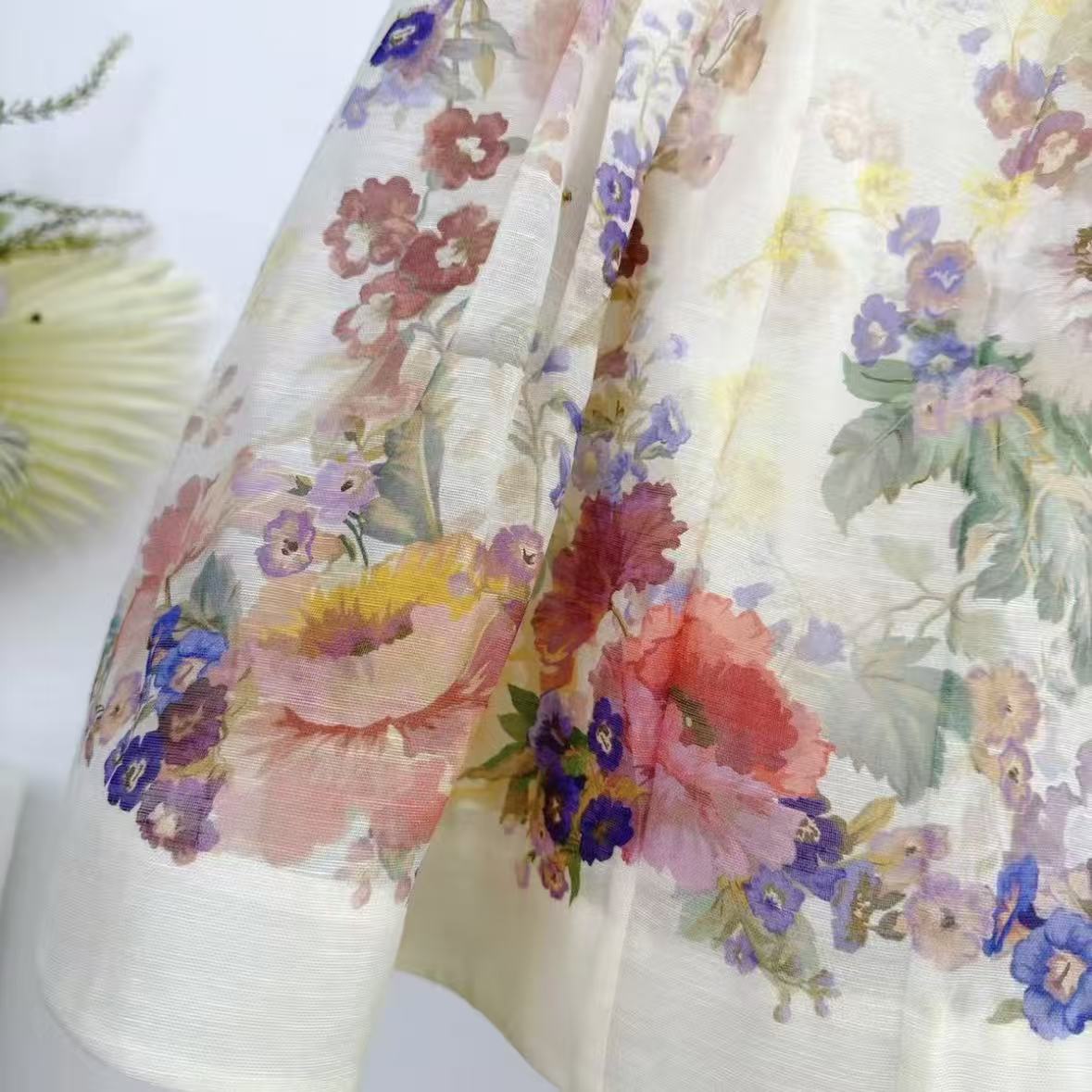 Romantic Off-White Watercolor Floral Mini Dress | Cinch-Waist Lace-Up Dress