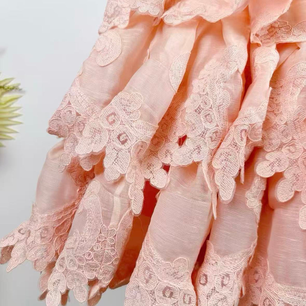 Pale Pink Tiered Lace Mini Dress | Spaghetti Strap, Cutout, Ruffled Summer Dress