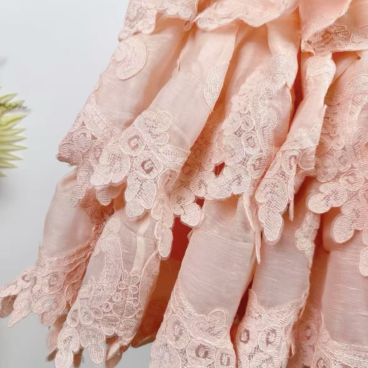 Pale Pink Tiered Lace Mini Dress | Spaghetti Strap, Cutout, Ruffled Summer Dress