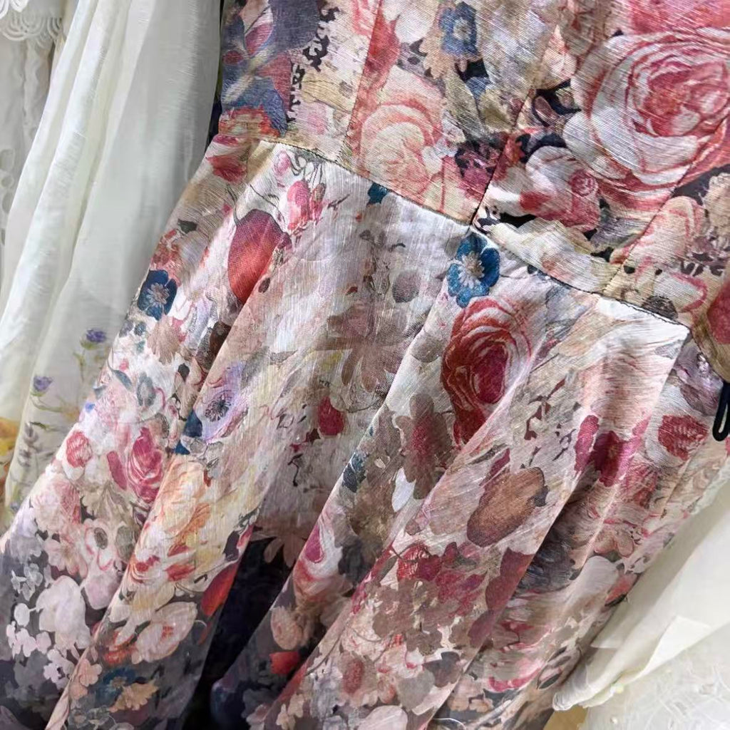 Black Floral Print Maxi Dress with Puff Sleeves | Formal Gown with 3D Floral Appliqués and Ruffled Sleeves
