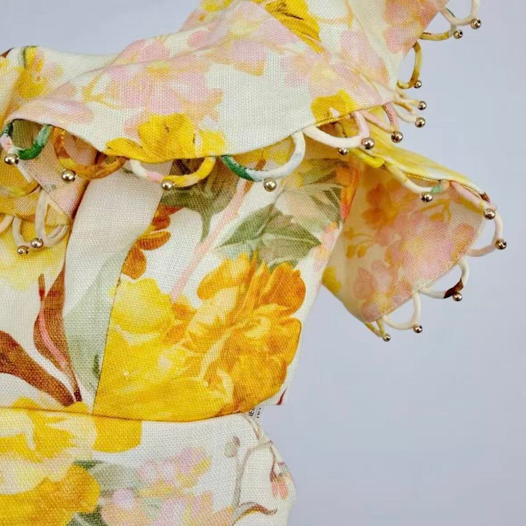 Yellow Floral Ruffled Spaghetti Strap Maxi Dress | Square-Neck Summer Dress