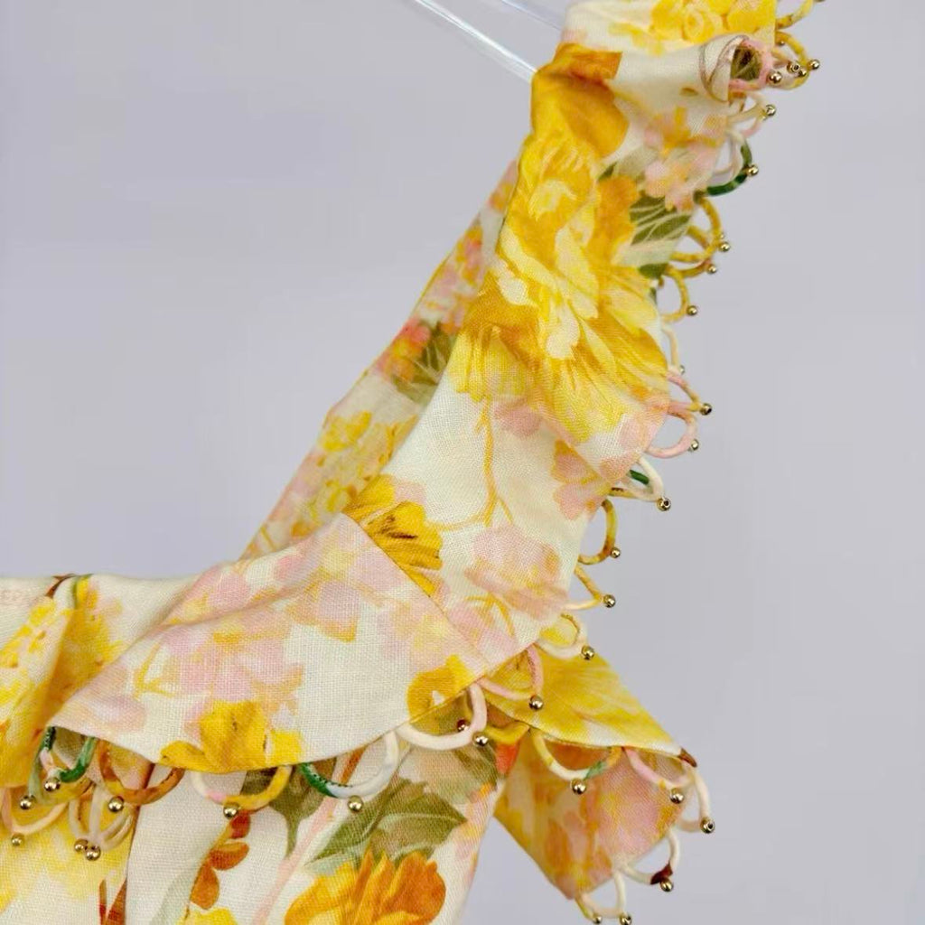 Yellow Floral Ruffled Spaghetti Strap Maxi Dress | Square-Neck Summer Dress