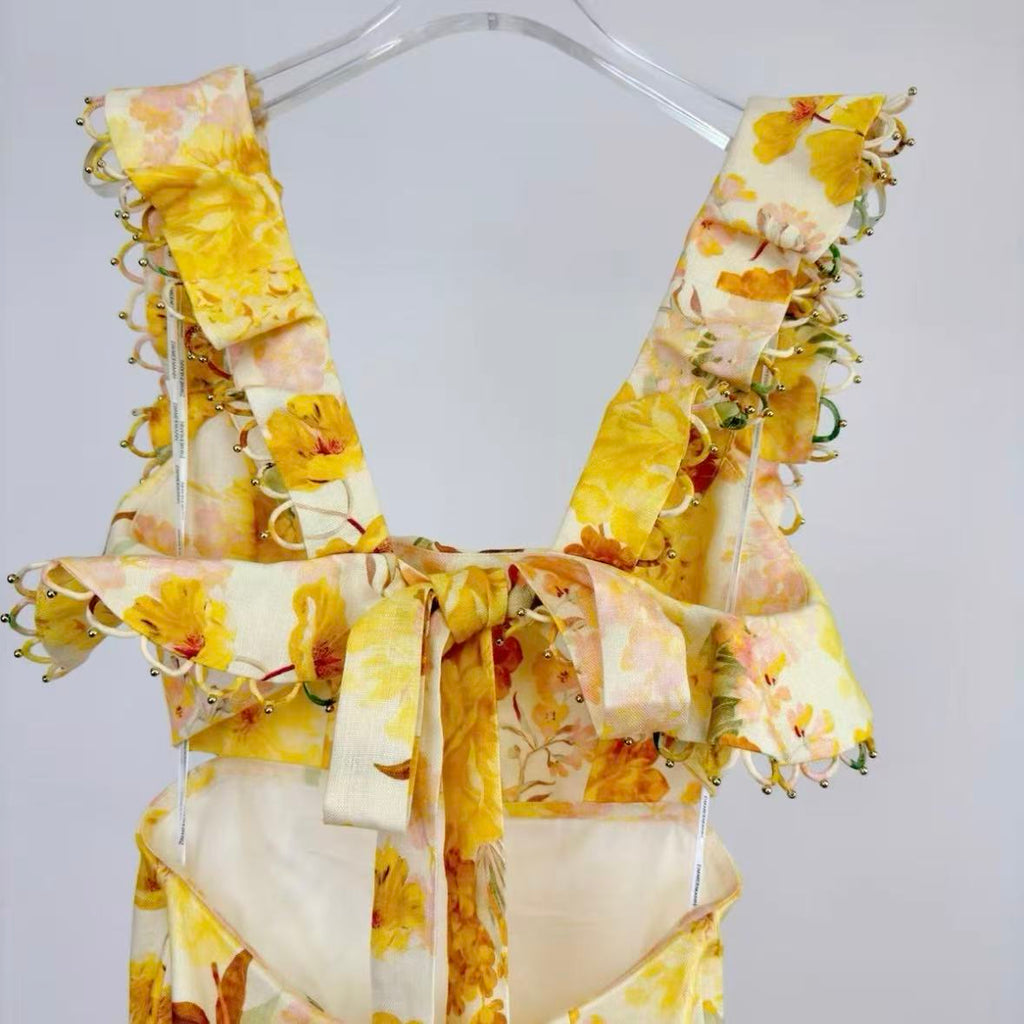 Yellow Floral Ruffled Spaghetti Strap Maxi Dress | Square-Neck Summer Dress