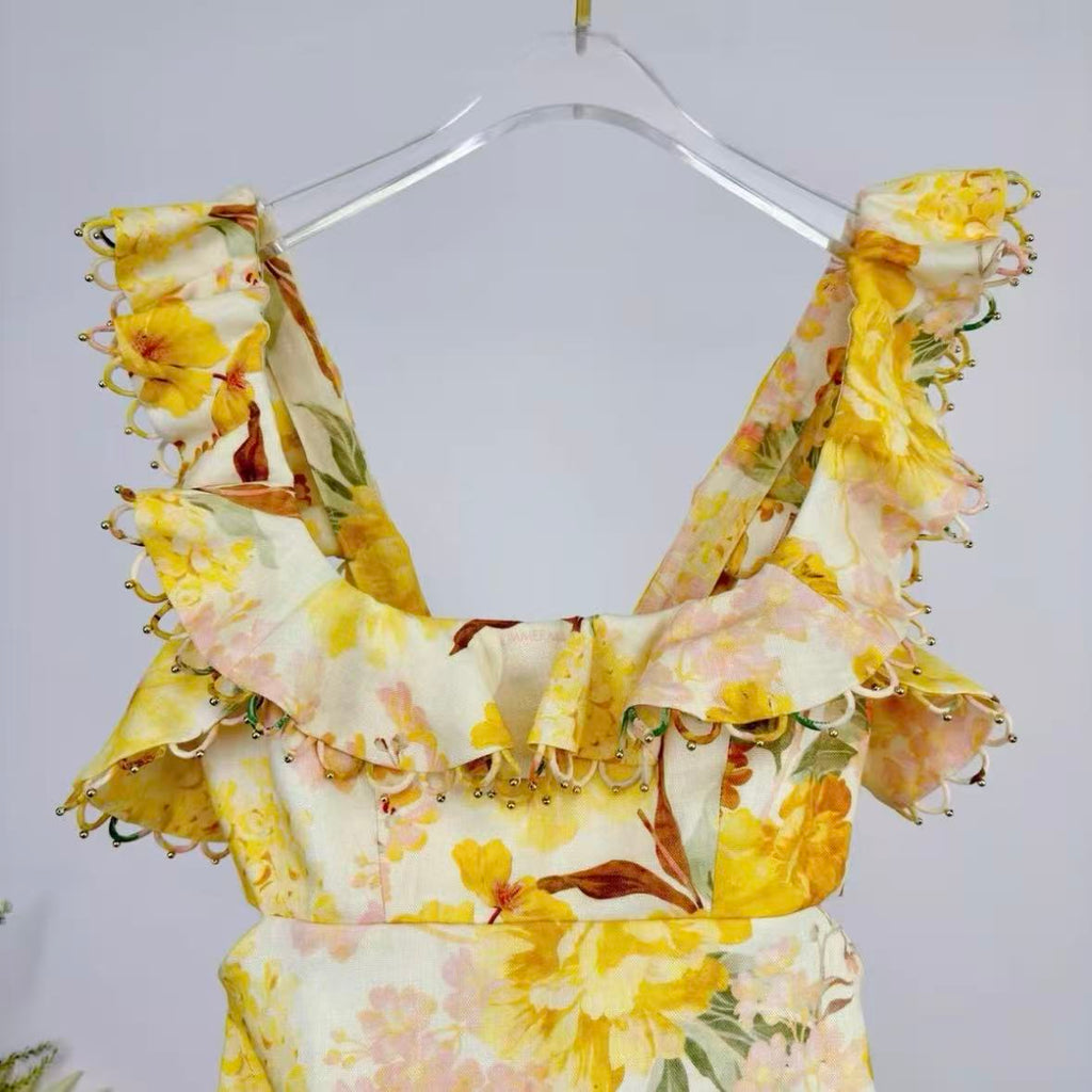 Yellow Floral Ruffled Spaghetti Strap Maxi Dress | Square-Neck Summer Dress
