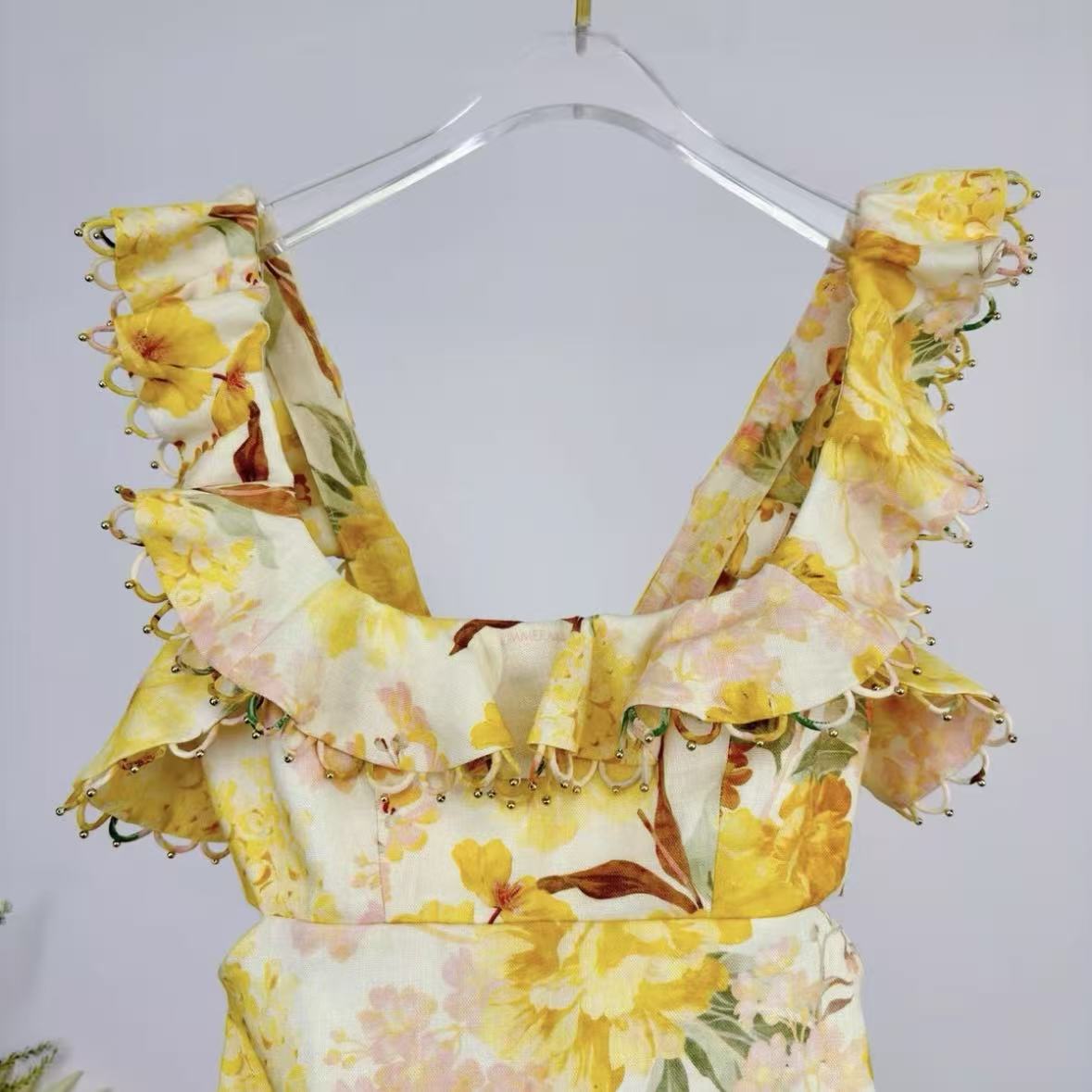 Yellow Floral Ruffled Spaghetti Strap Maxi Dress | Square-Neck Summer Dress